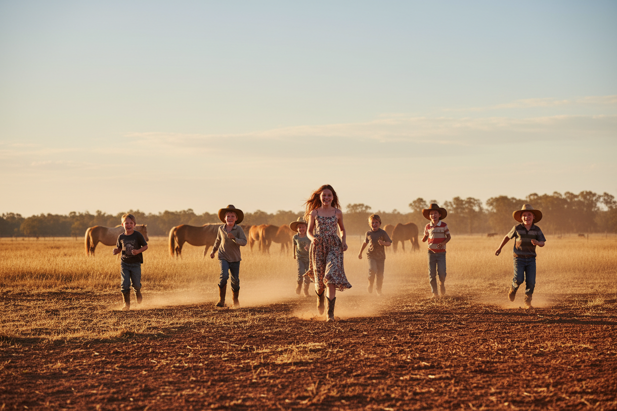 Kids running in a paddock with horses in the background