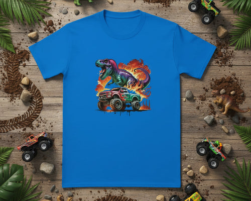 Blue t-shirt with a colorful graphic of a dinosaur and monster truck on a white background