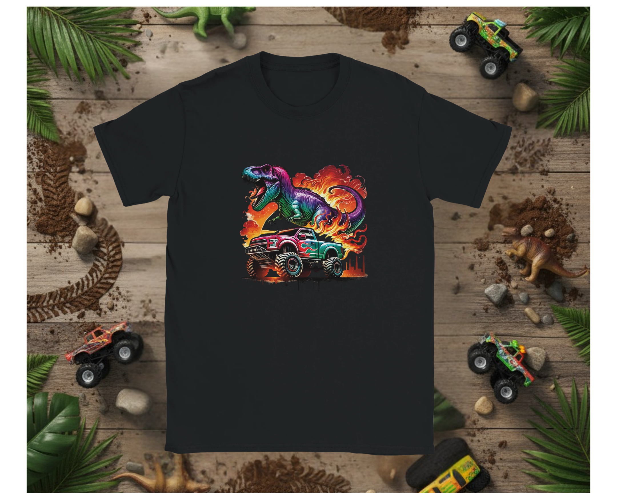 Black t-shirt with a colorful dinosaur and monster truck graphic on a wooden background with toy vehicles and plants.
