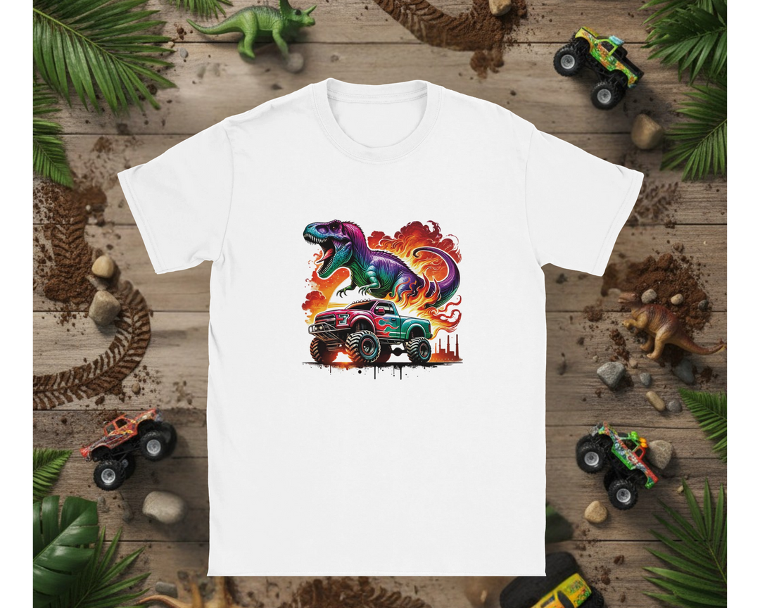 White t-shirt with colorful dinosaur and monster truck graphic on a wooden background with toy trucks and leaves.