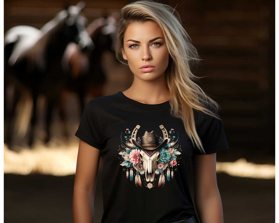 Women's Western Horseshoe Bull Skull T-Shirt