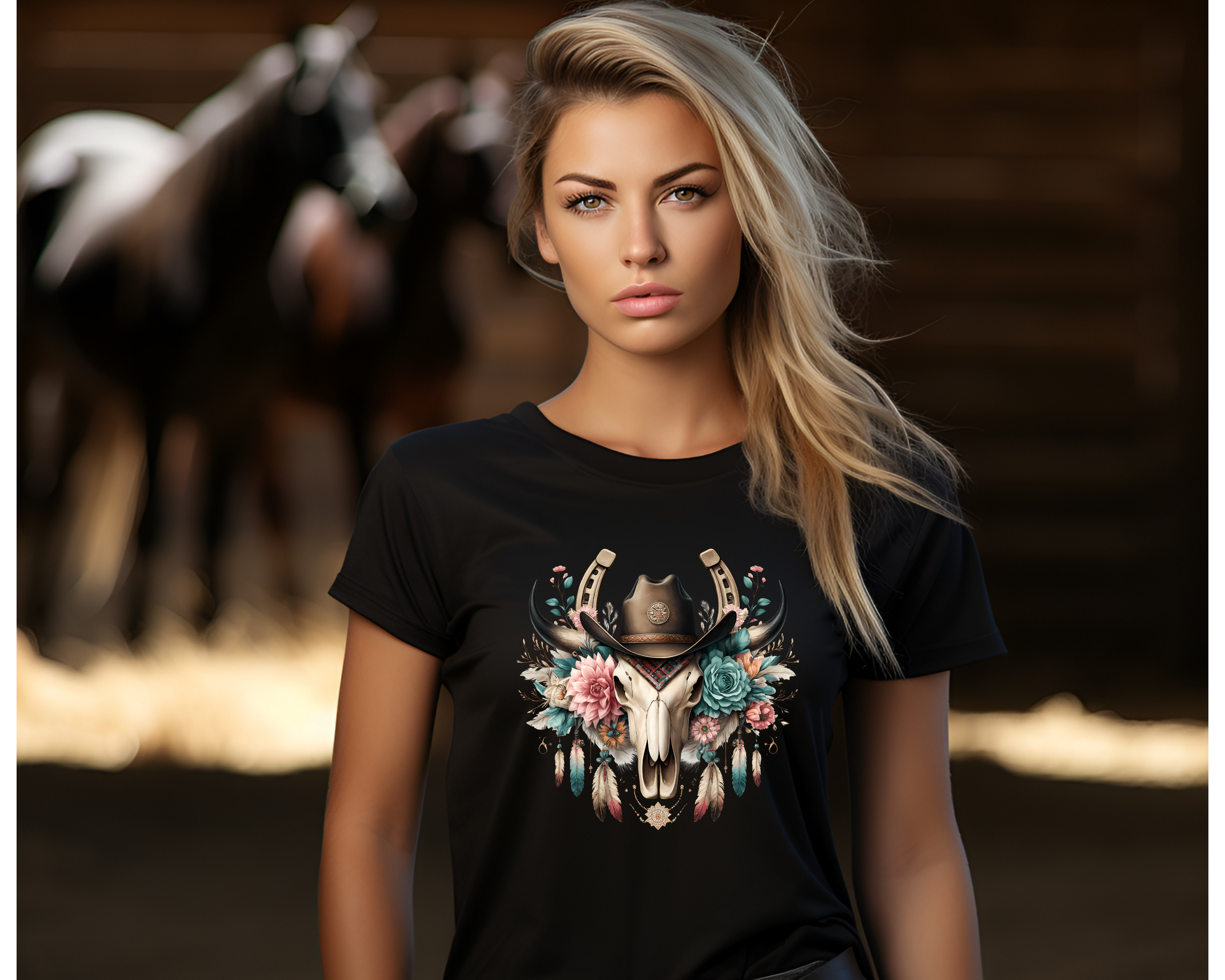 Women's Western Horseshoe Bull Skull T-Shirt