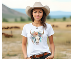 Women's Pink Boho Bull Skull Tee
