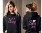 Black hoodie with 'hot & strong' front and 'it's Coffee Time' back text, worn by a model.