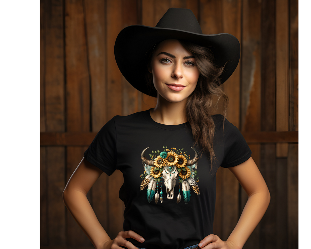 Sunflowers and Feathers Bull Skull T-Shirt