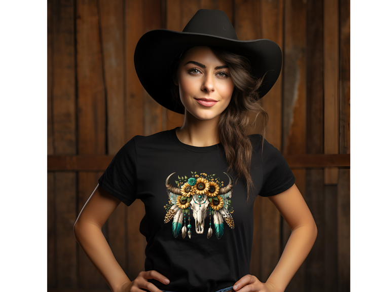 Sunflowers and Feathers Bull Skull T-Shirt