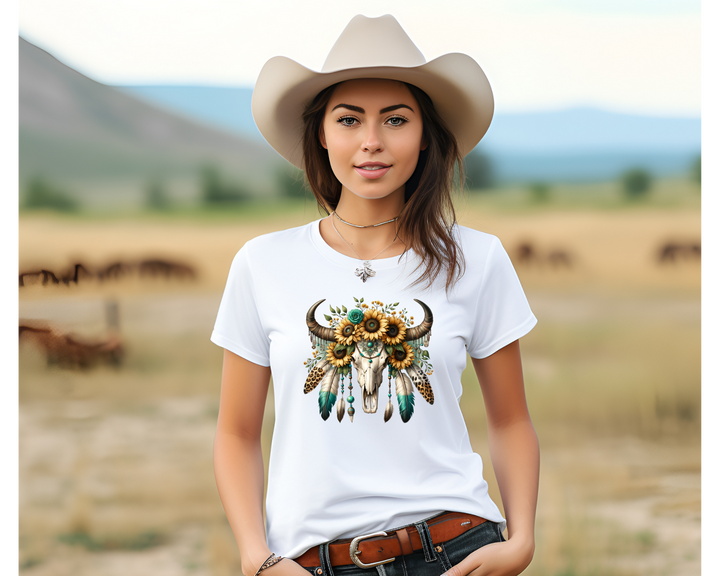 Sunflowers and Feathers Bull Skull T-Shirt
