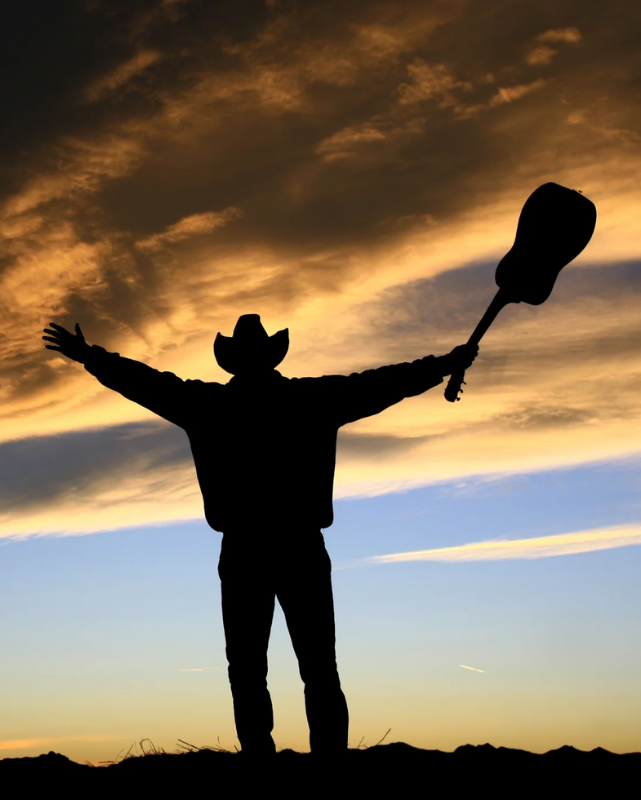 A silhouetted cowboy stands with arms raised against a dramatic sunset sky, holding a guitar above his head.