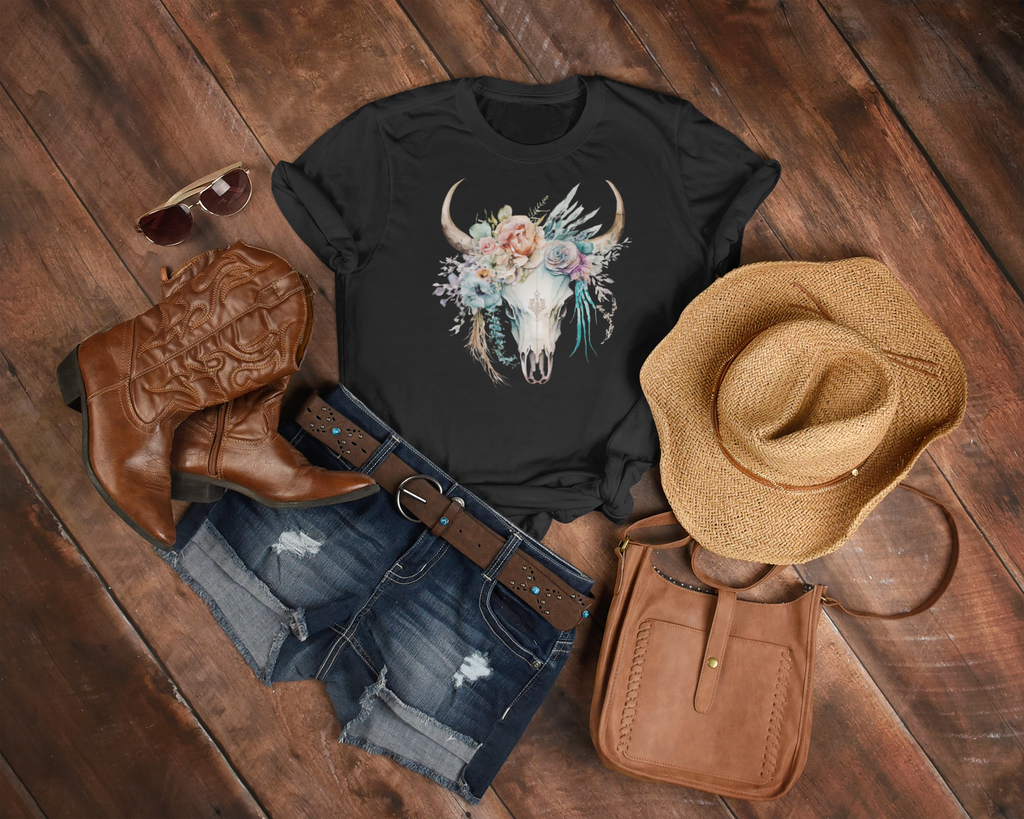 Women's Pink Boho Bull Skull Tee - [farm_afternoons]