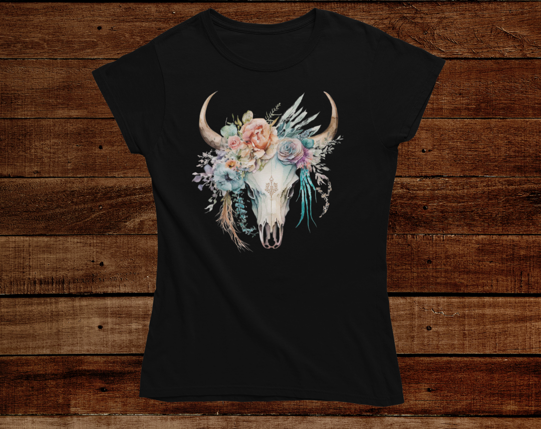 Women's Pink Boho Bull Skull Tee