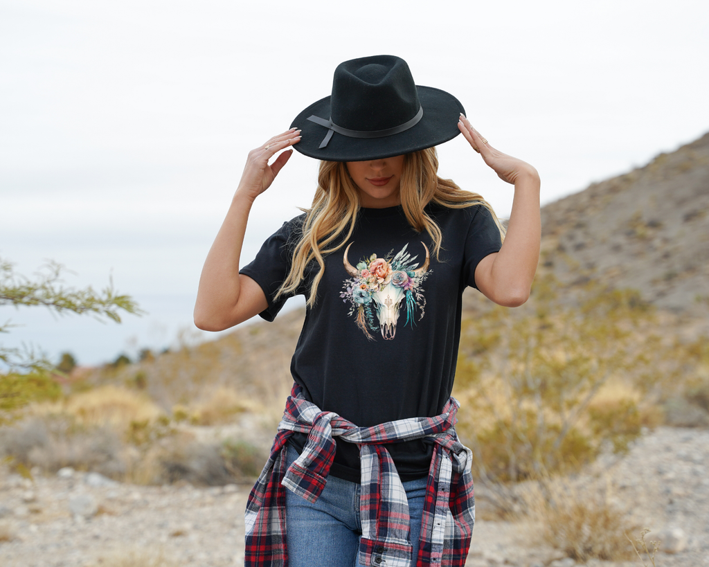 Women's Pink Boho Bull Skull Tee - [farm_afternoons]