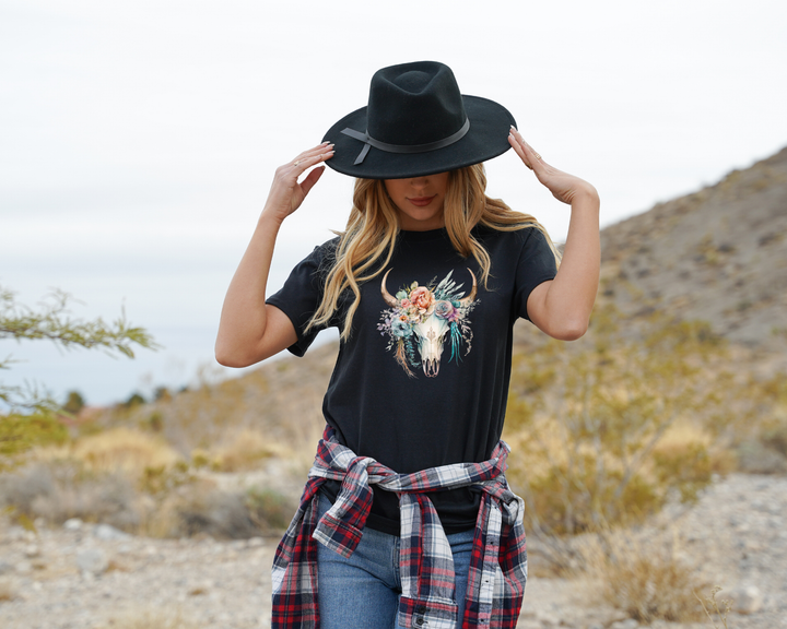 Women's Pink Boho Bull Skull Tee