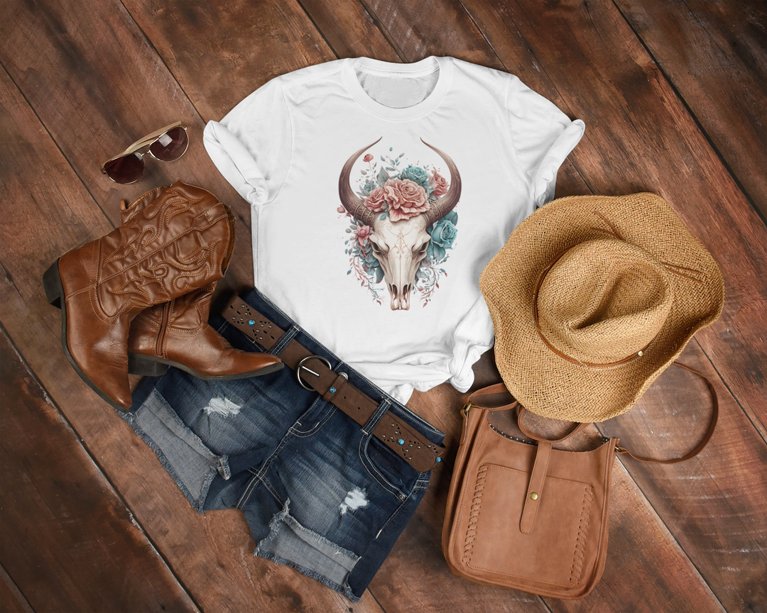 Women's Boho Floral Skull Tee