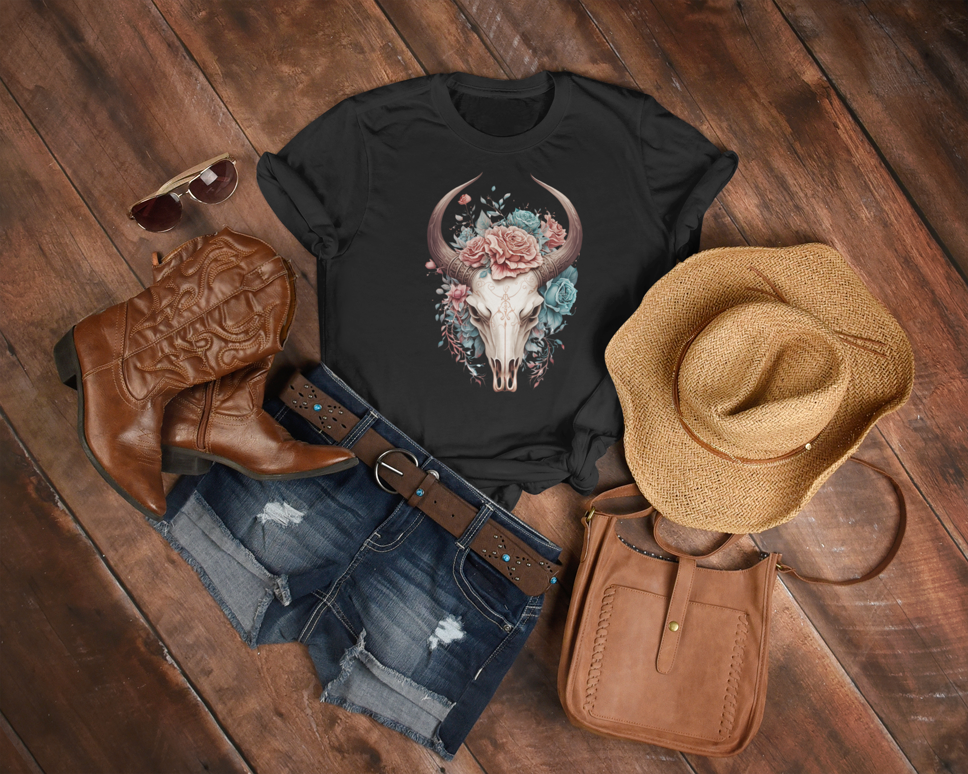 Women's Boho Floral Skull Tee - [farm_afternoons]