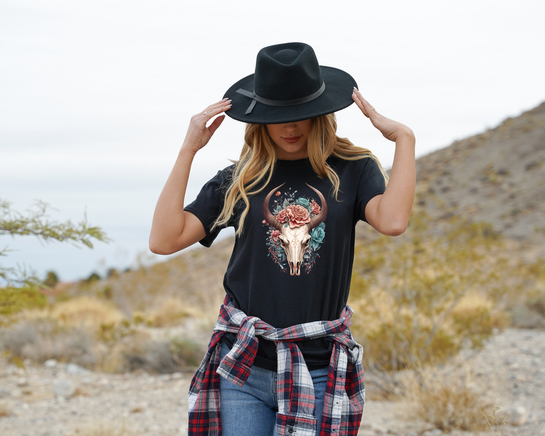 Women's Boho Floral Skull Tee