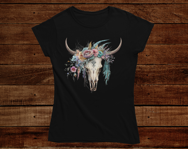 Women's Floral Feather Skull Tee