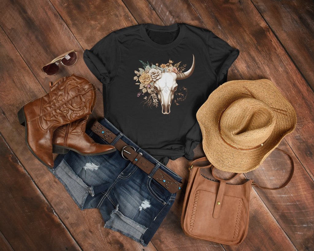 Women's Vintage Floral Bull Skull - [farm_afternoons]