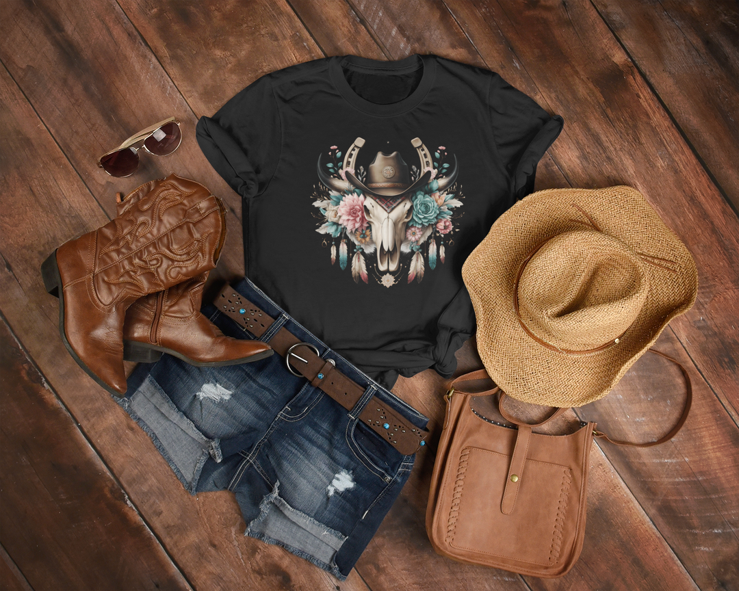 Black t-shirt with a floral skull design, cowboy boots, hat, and purse on a wooden surface