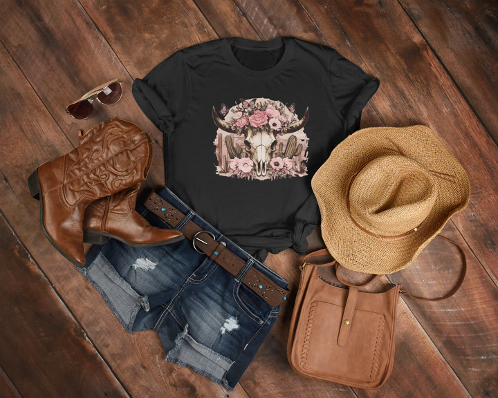 Women's Pink Old West Bull Skull T-Shirt