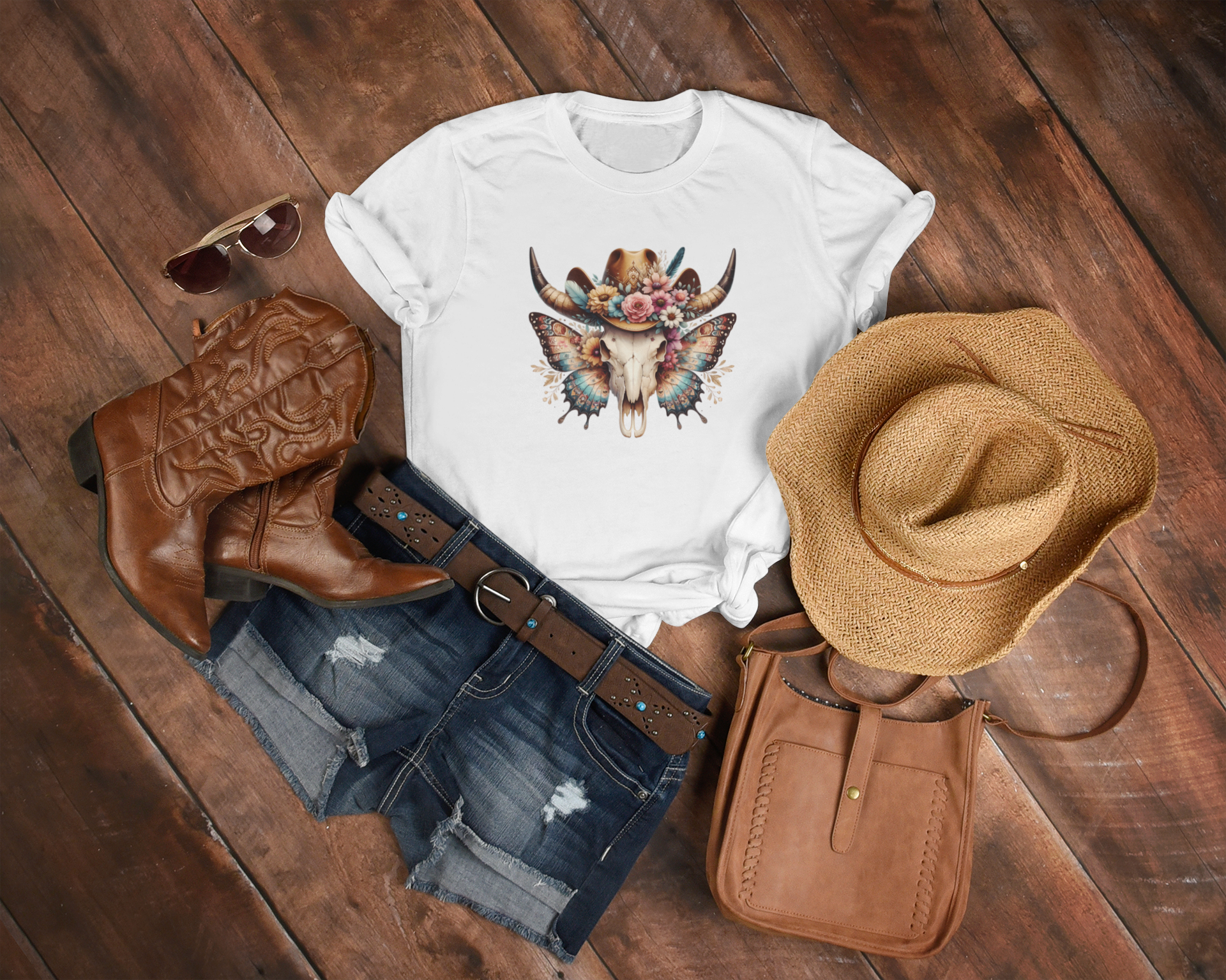 Women's Wild Butterfly Bull Skull T-Shirt