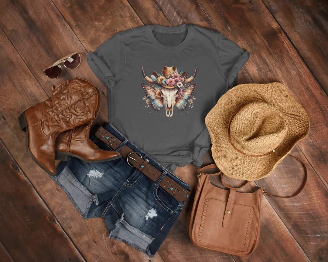Women's Wild Butterfly Bull Skull T-Shirt