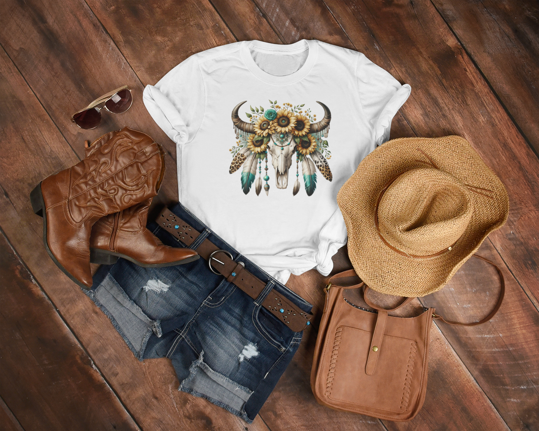 Sunflowers and Feathers Bull Skull T-Shirt