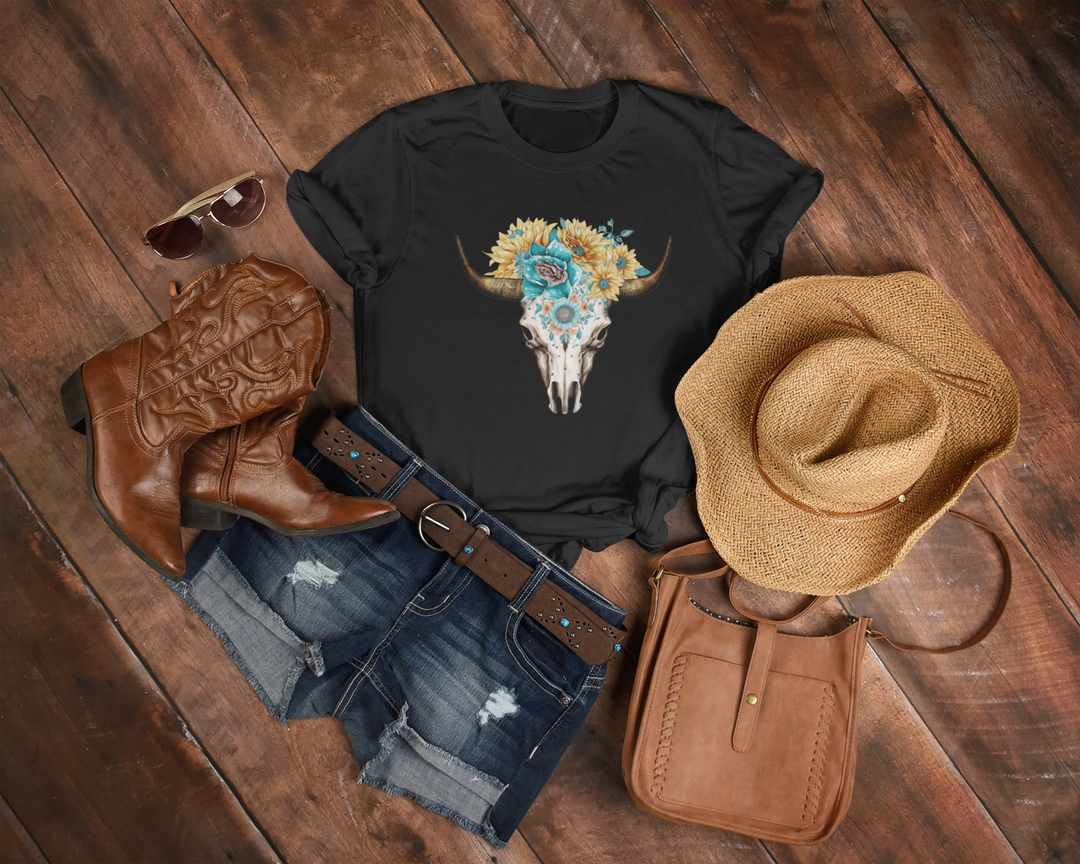 Women's Sunflower Bull Skull Tee - [farm_afternoons]