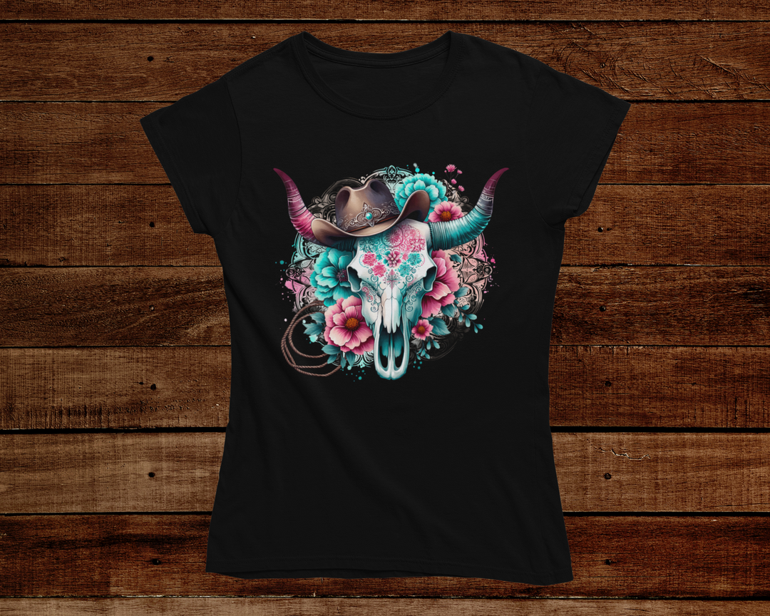 Black t-shirt with a colorful bull skull design on a wooden background