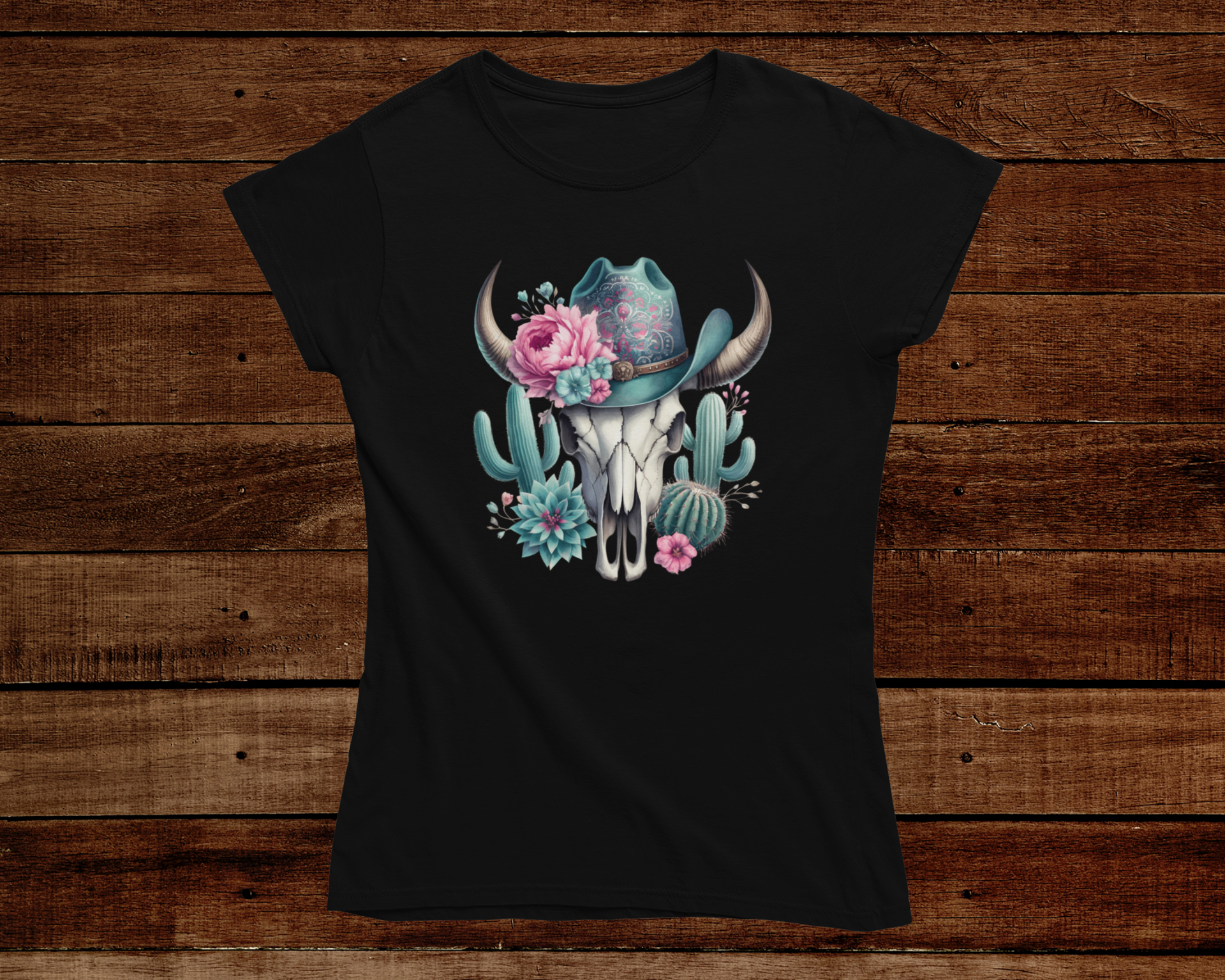 Black t-shirt with a skull and hat design on a wooden background