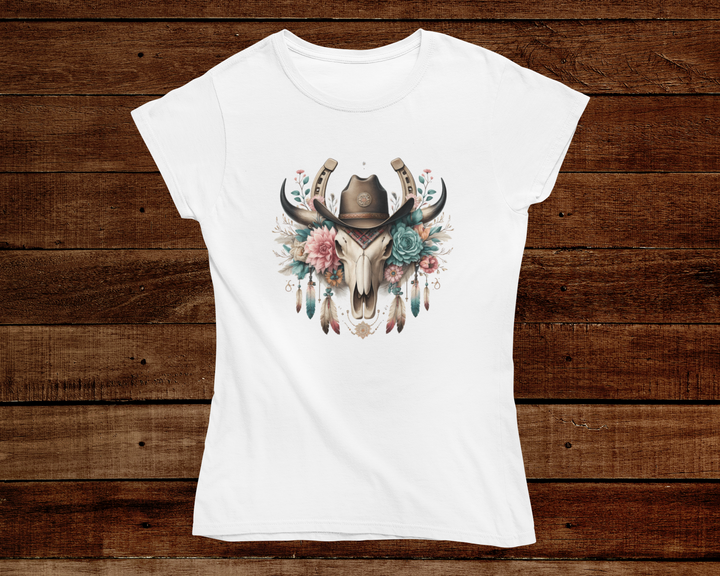 White t-shirt with a bull skull design on a wooden background