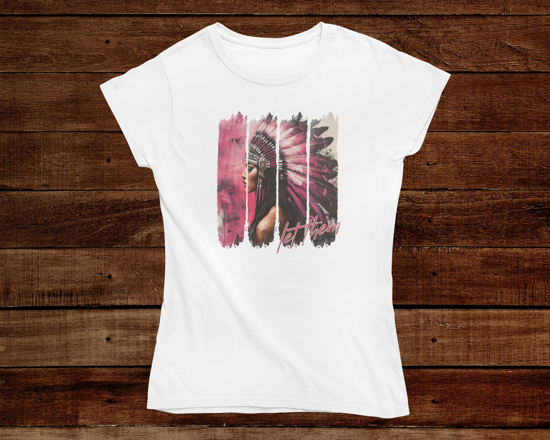 White t-shirt with a graphic design on a wooden background