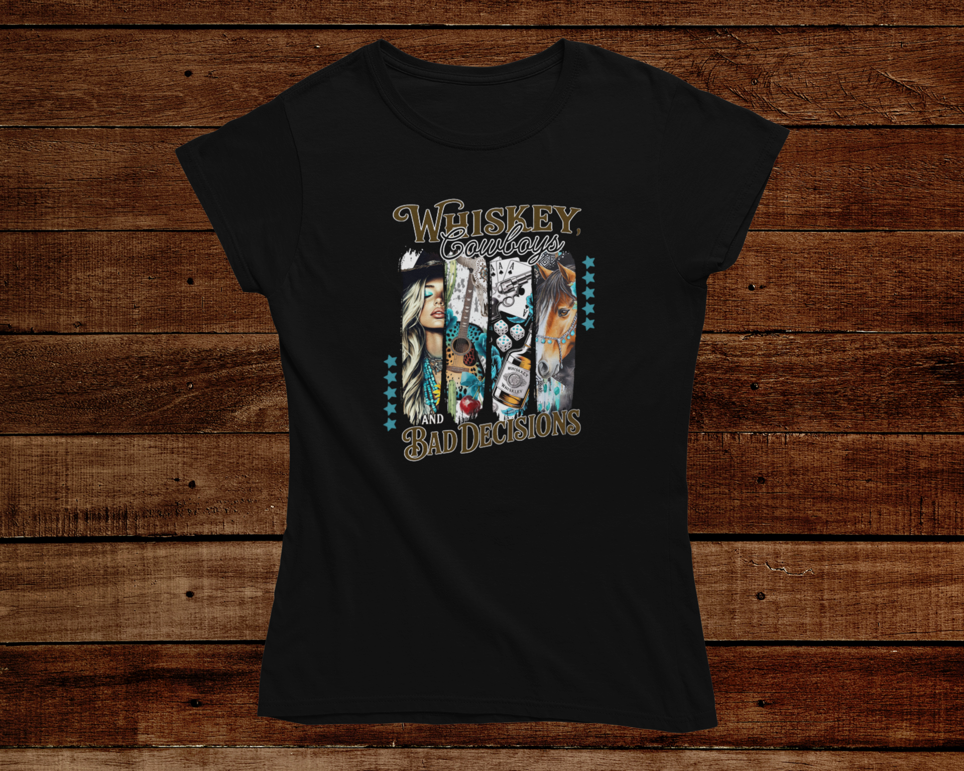 Black t-shirt with graphic design on a wooden background