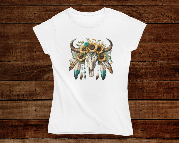 Sunflowers and Feathers Bull Skull T-Shirt