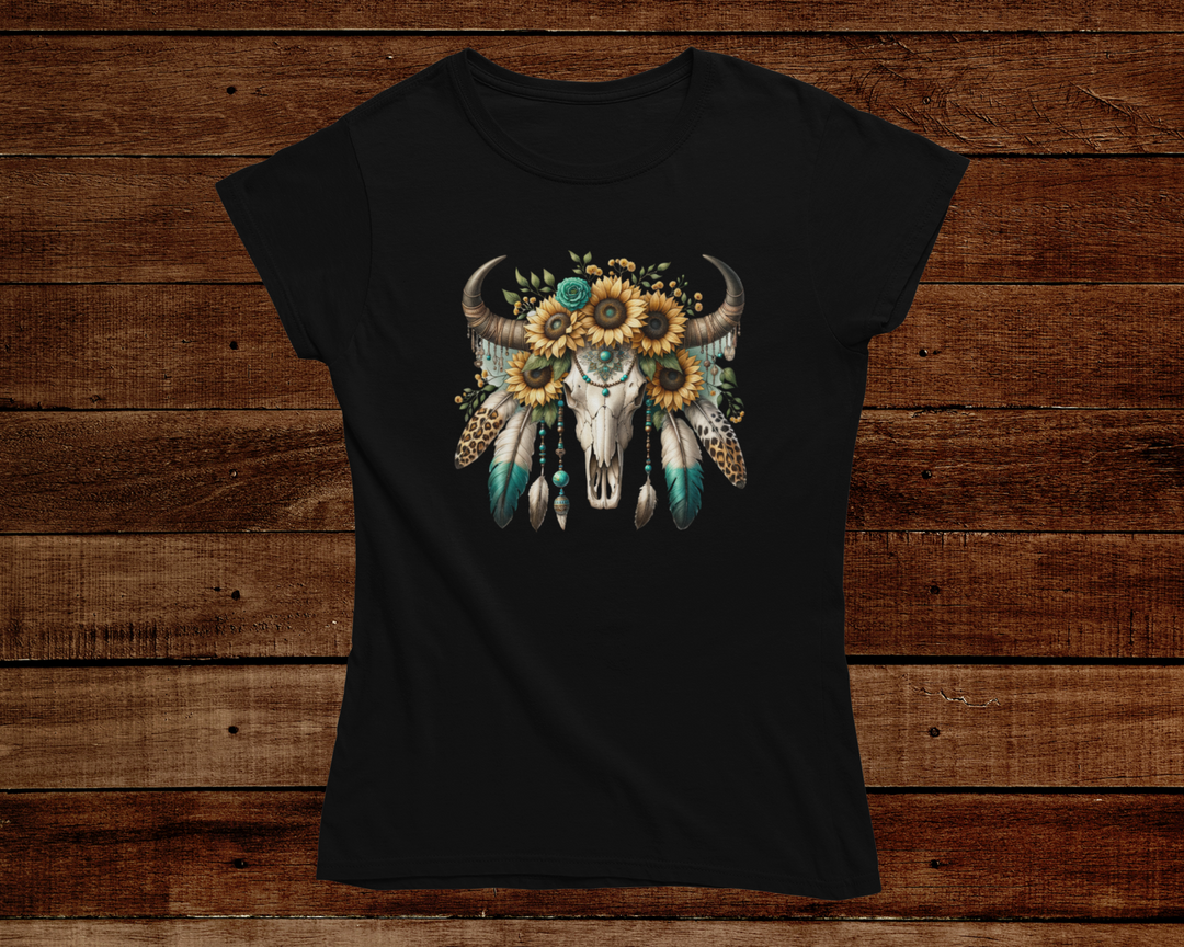 Sunflowers and Feathers Bull Skull T-Shirt