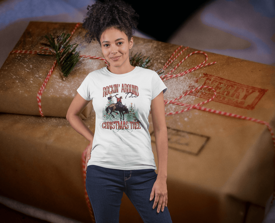 Womens Rockin Around The Christmas Tree T-shirt - [farm_afternoons]