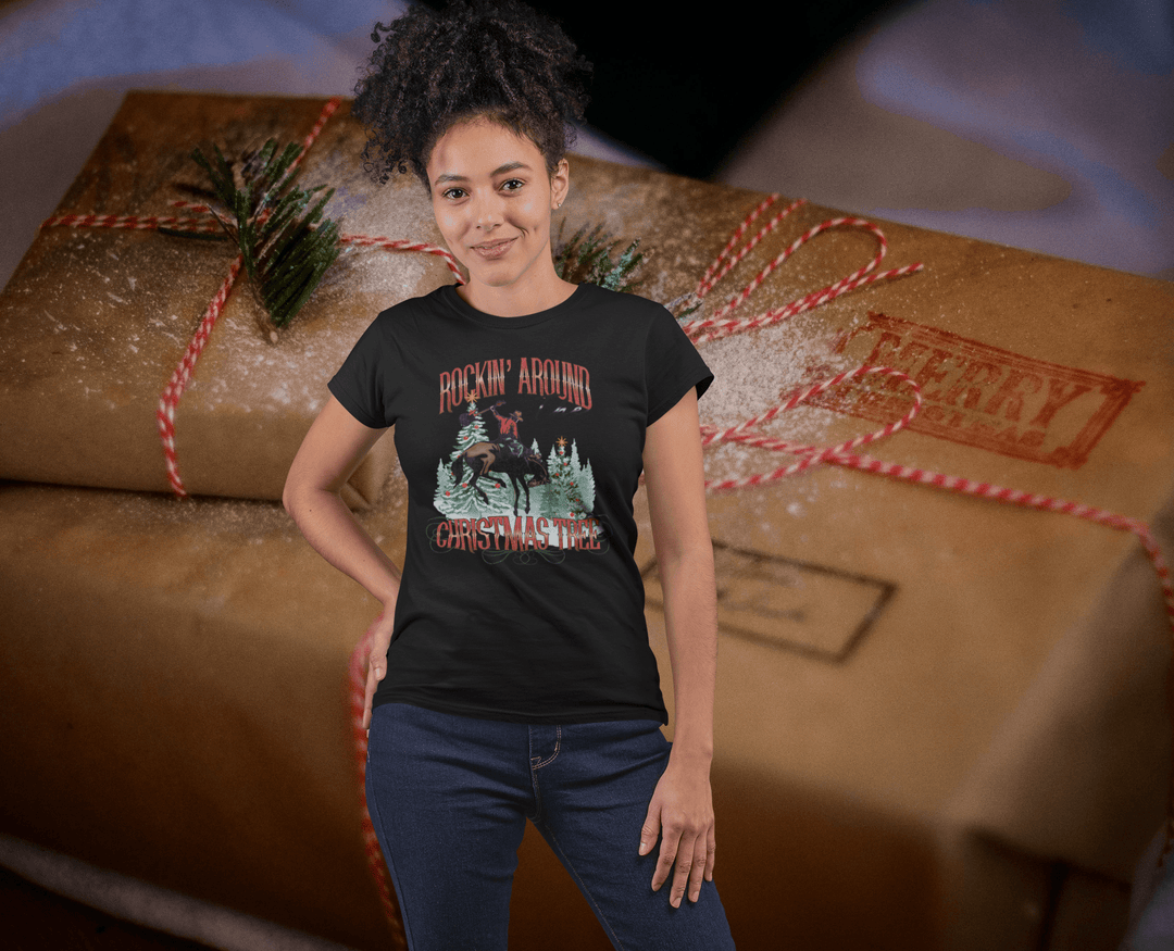 Womens Rockin Around The Christmas Tree T-shirt - [farm_afternoons]